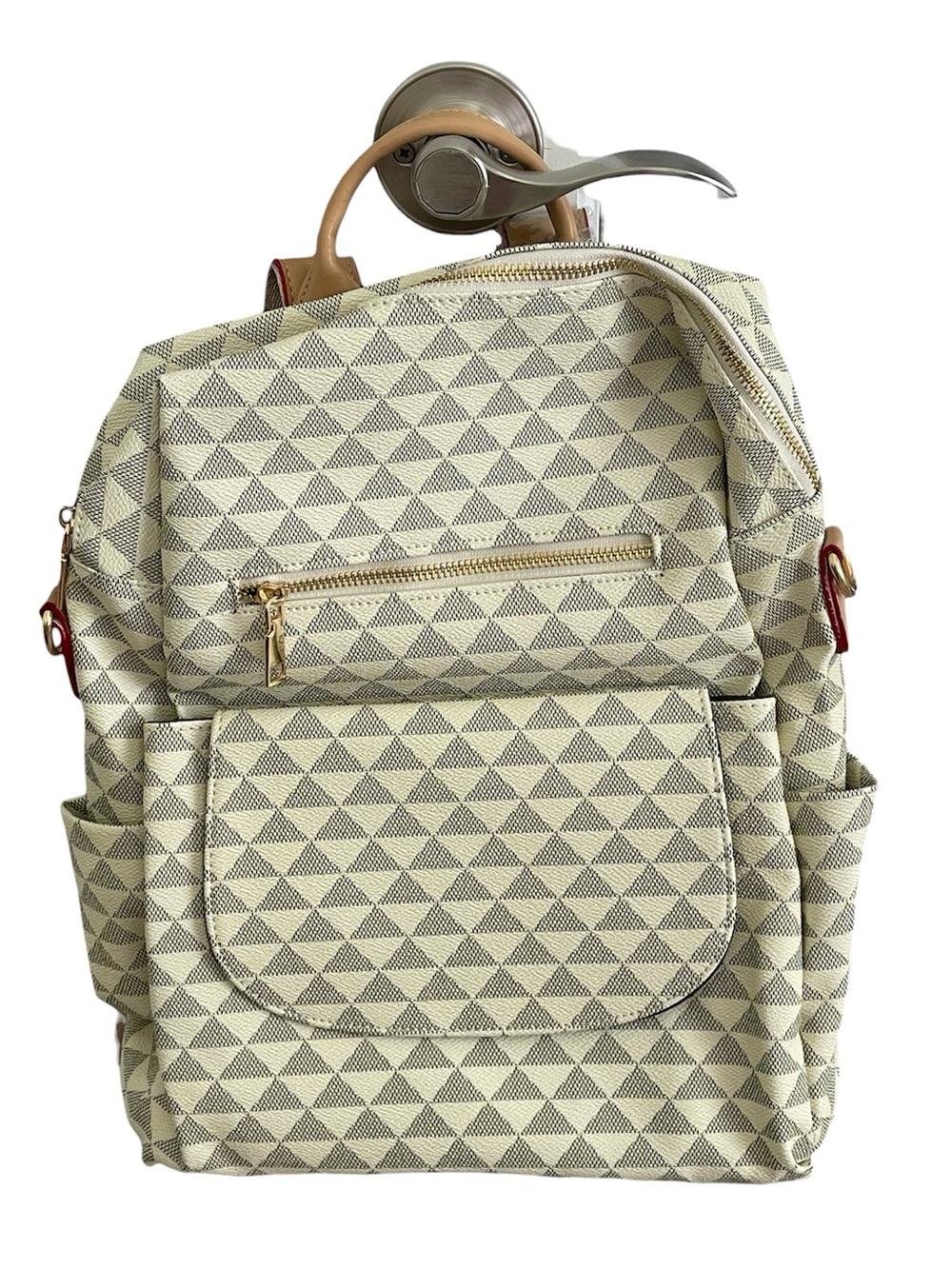 Neutral Geometric Backpack – Cream & Gray – Vegan Leather, Travel/Commuter